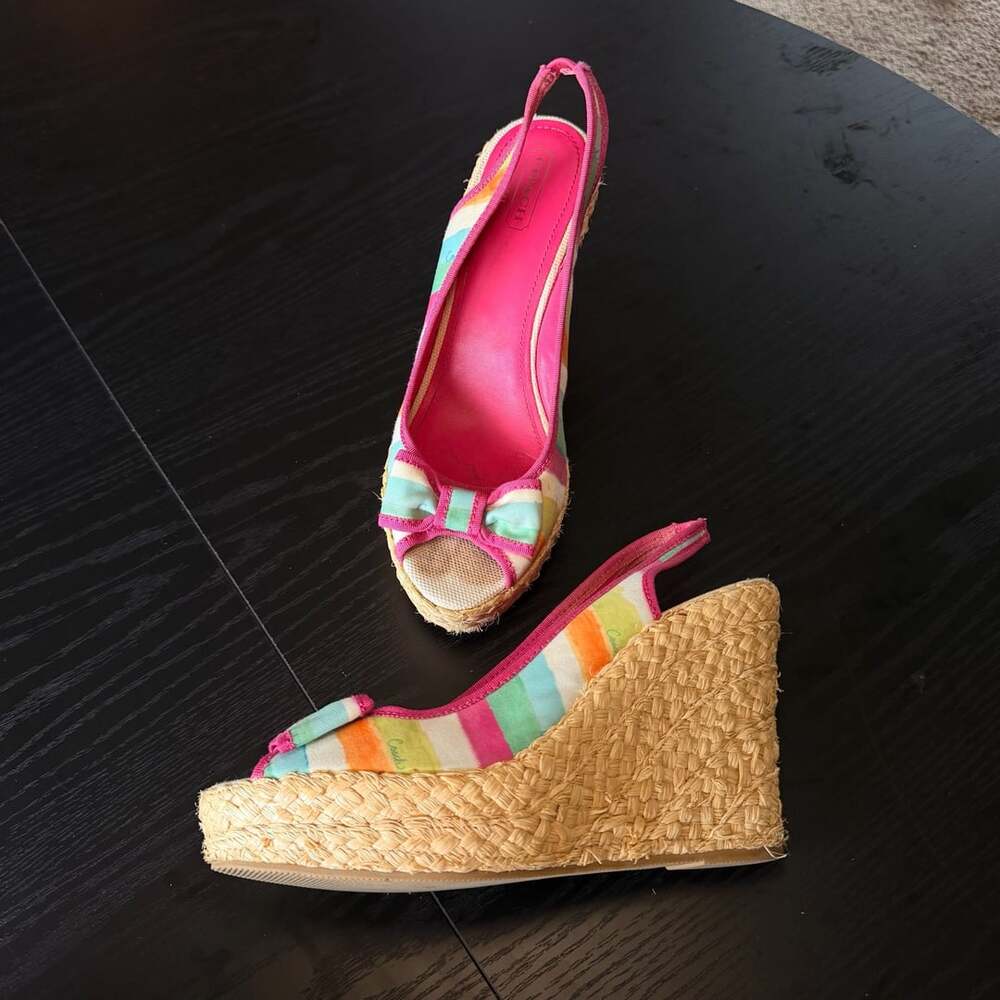 Coach Striped Bow Slingback Wedge Sandals Size 6 Multi Fabric Vintage